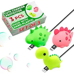 Phone Charger Protector Cute Set of 3, Dinosaur Shape (Green and Pink)