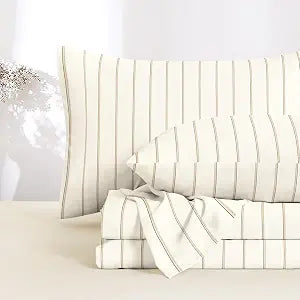 Wake In Cloud - Striped Bed Sheets, 100% Cotton, 4 Pieces Sheet Set, Neutral Farmhouse Ticking Vertical Stripe Pattern Printed Bedding, Deep Pocket, Beige Brown, Full Size