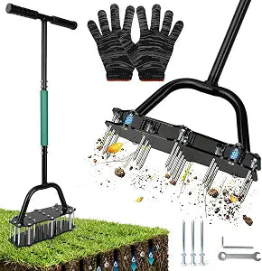 Manual Lawn Aerator Tool, 17 Spikes, Spring-Assisted Debris Release
