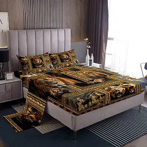 Feelyou Lion Safari Print Plaid Bed Sheets Set King Size 4Pcs Soft