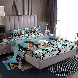 Erosebridal Horses Teal Southwestern Bed Sheets Set,Sheet Set Full Size