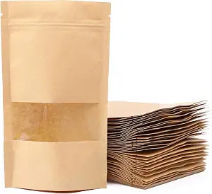 100pcs Kraft Paper Treat Bags with Window, Ziplock Stand Up Pouches for Packing Food Storage Cookies Snacks