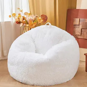 Shaggy Fuzzy Fluffy White Bean Bag Chair Covers  Soft Plush Furry White Bean Bag Chair Cover for Kids Girl, Stuffed Animals Bean Bag Storage, No Filler, 38"x38"x40"
