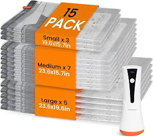 Vacuum Seal Bags for Clothing Travel with Rechargeable Cordless Pump, 15 Pack Compression Space Saver Bags for Packing, Luggage and Seasonal Storage