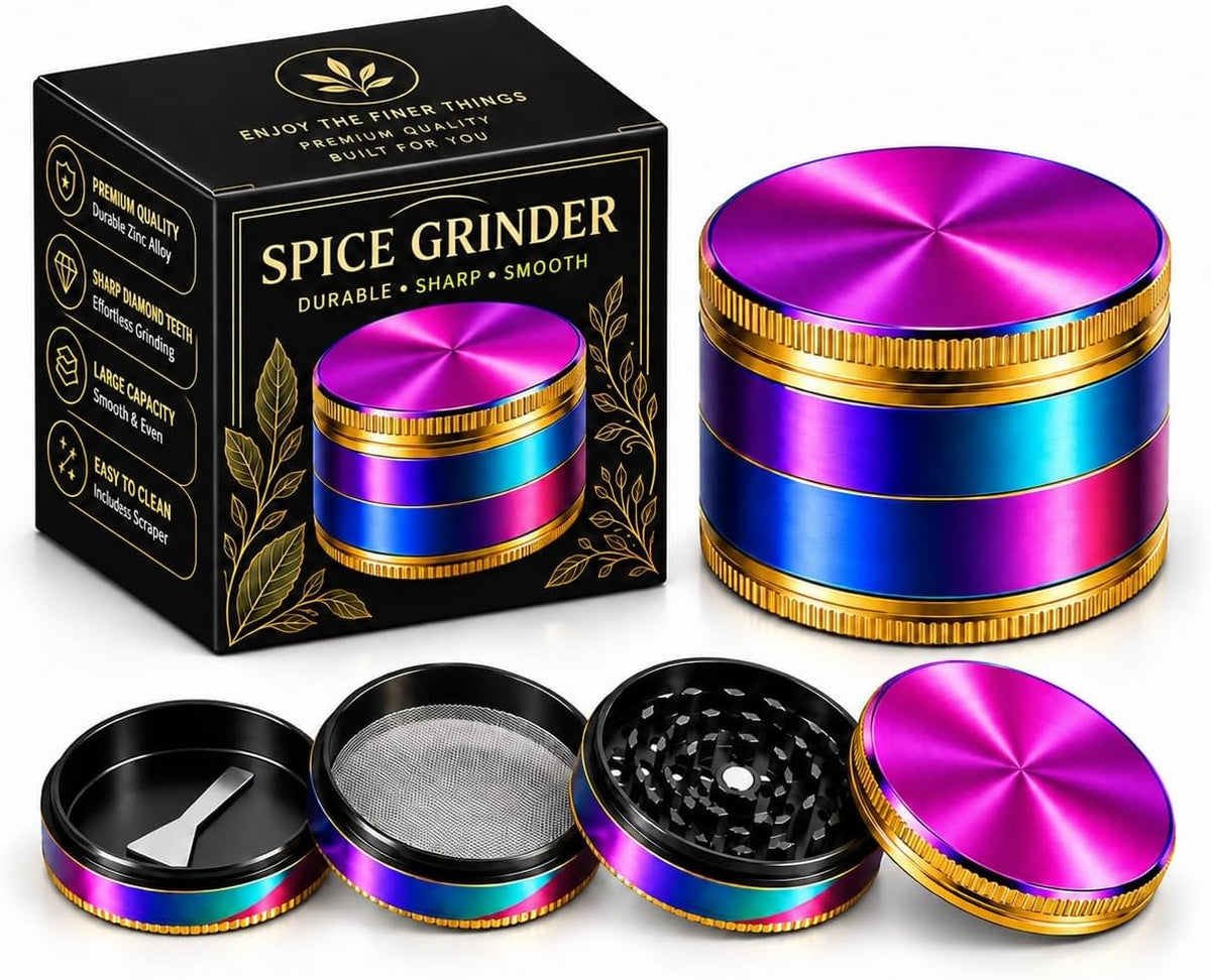2-Inch Spice Grinder with Grinding Teeth, Fine Mesh Screen, Collection Chamber and Scraper, Compact Manual Grinder for Dried Herbs and Spices, Iridescent