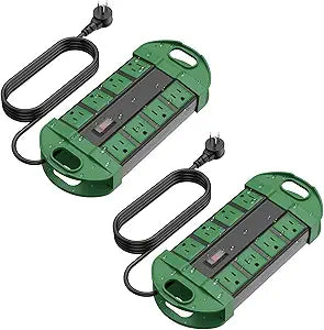 CCCEI 2 Outdoor Power Strips Weatherproof with 8 Plug, Waterproof Extension Cord with Multiple Outlets, Christmas Exterior Garden Yard Surge Protector 6FT, Green.