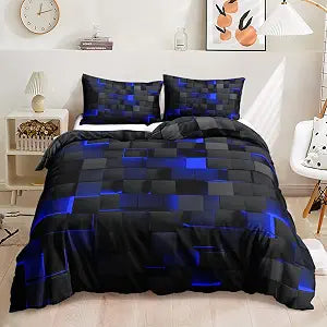 Nttopship Geometric Blue Black Duvet Cover Queen Size,Light Honeycomb 3PCS Bedding Set for Kids and Adults,Modern Cover Set Geometry Decor,Microfiber Lightweight 1 Duvet Cover and 2 Pillowcases