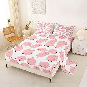 jejeloiu Pink Pig Bed Sheets Set Full Size 4Pcs Soft