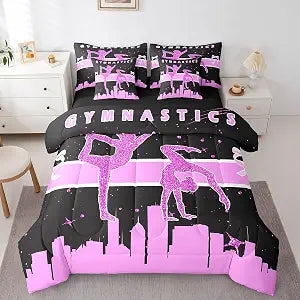 Girls Pink Bedding Comforter Sets 7pcs Girly Gymnastics Bed in a Bag Dance Sports Full Bedding Sets Trippy Stars Comforter Set Glitter Galaxy Universe Bedding Sets & Collections Black Pink All-Season