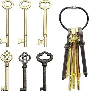 Skeleton Key Set, 6 Pcs Hollow Barrel Skeleton Keys with Wire Rope Keychain, Antique Vintage Key Kit for Vintage Furniture and Locks