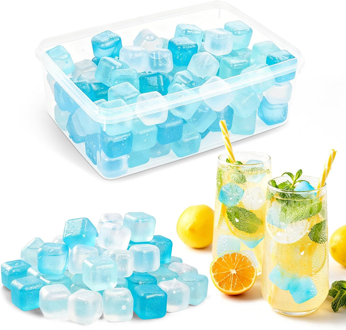 100 Pack Reusable Ice Cubes with Storage Box, Refreezable Plastic Ice Cubes for Drinks, Non-Melting BPA Free Pure Water Filled Ice Cubes for Whiskey, Wine, Coffee, Cocktail, Party & Daily Use