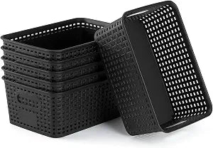 Plastic Storage Baskets 6 Pack Sturdy Storage Organizer Basket Woven Plastic Storage Bins for Shelves,Closet,Countertops, Desktops, Cabinets and Badrooms,Saving Storage, Stylish Design,Black