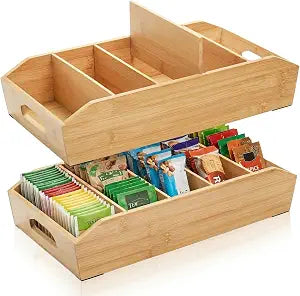 Pumtus 2 Pack Bamboo Pantry Organizers, Storage Bin with Removable Dividers, Divided Snack Oragnizer with Handle, Stackable Cabinet Basket, Drawer Caddy for Kitchen Office Packets Sauce Pouches