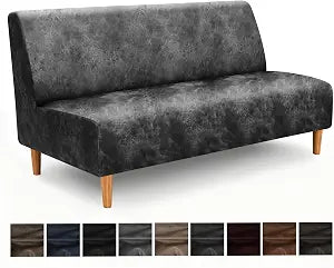 ANARACHON Stretch Armless Futon Cover, Leather-Like Leakproof Futon Slipcover with Elastic Bottom, Water Resistant Furniture Protector for Kids and Pets (Large, Lightgray-02)