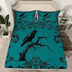Erosebridal Adults Gothic Crow Bed Sheets Baroque Damask Raven Bedding Set Full Teal and Black Halloween Decor Fitted Sheet for Boys Teen Men Goth Branch Animal Bed Cover