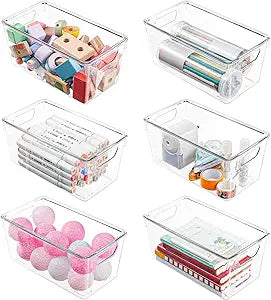 6 Pack Small Clear Storage Bins with Lids, Plastic Arts and Craft Storage Containers, Stackable Clear Plastic Craft Storage Bins with Handles for Classroom Storage Organization,Kitchen, Fridge, Office