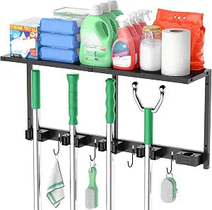 CCCEI Broom Holder Wall Mount with Metal Shelf, Black, 1