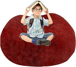 BCU Bean Bag Cover Comfy Beanbag Chair for Adults Without Filler Faux Fur Floor Chair Lazy Sofa Cover Comfy for Living Room Chairs, Burgundy Red, 3.5FT