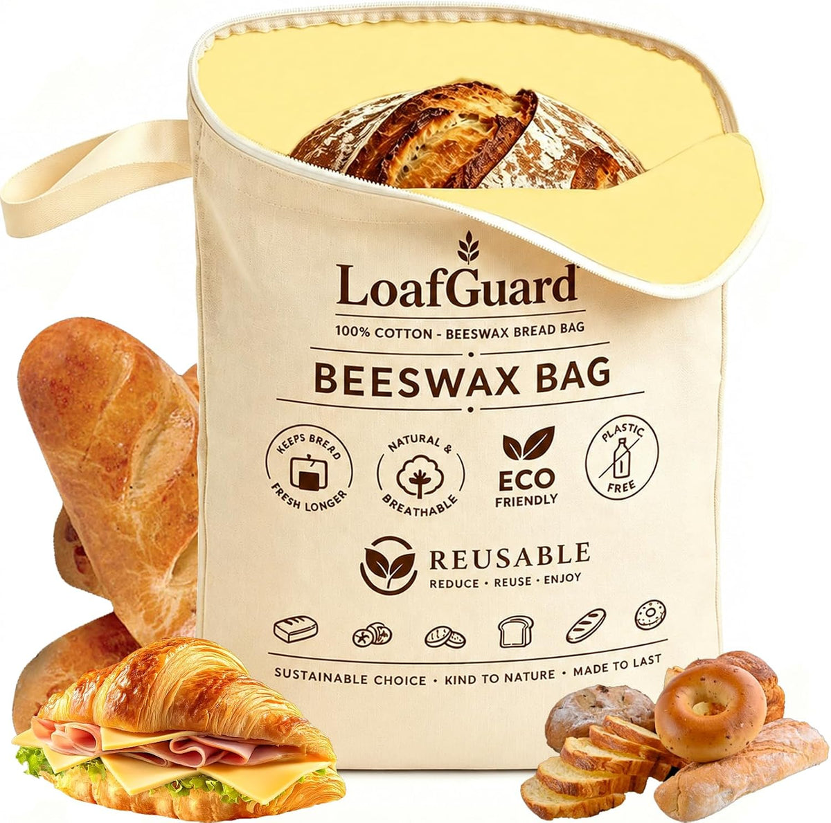 Beeswax Bread Bags, Bread Bags for Homemade Bread, Bees Wax Bread Bag, Reusable 17x13-Inch Linen Bread Bag with Wide Zipper, Airtight & Freezer-Friendly Food Storage