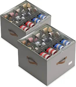 Vincona Shoe Organizer for Closet, 2 Pack Foldable Shoe Storage Bins with Clear Cover & Handles, 16-Compartment Shoe Box for Sneakers, Heels, Boots, Space-Saving Shoe Rack for Entryway, Dorm, RV