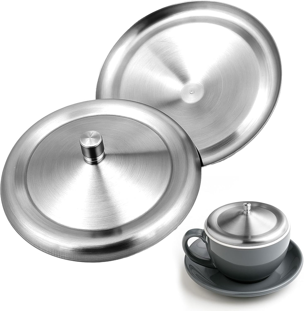 2 Pcs Stainless Steel Cup Cover, Home Round Tea and Coffee Mug, Cup Lids, Dust Cover Mug Lid, Universal Lid for Home, Office, Camping (Silver, 10.2cm/4 Inch)
