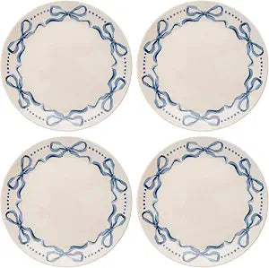 Karma, 8.75 inches Melamine Salad Plates Set of 4, Reusable Dishwasher Safe Plates for Outdoor and Indoor, Blue Bows