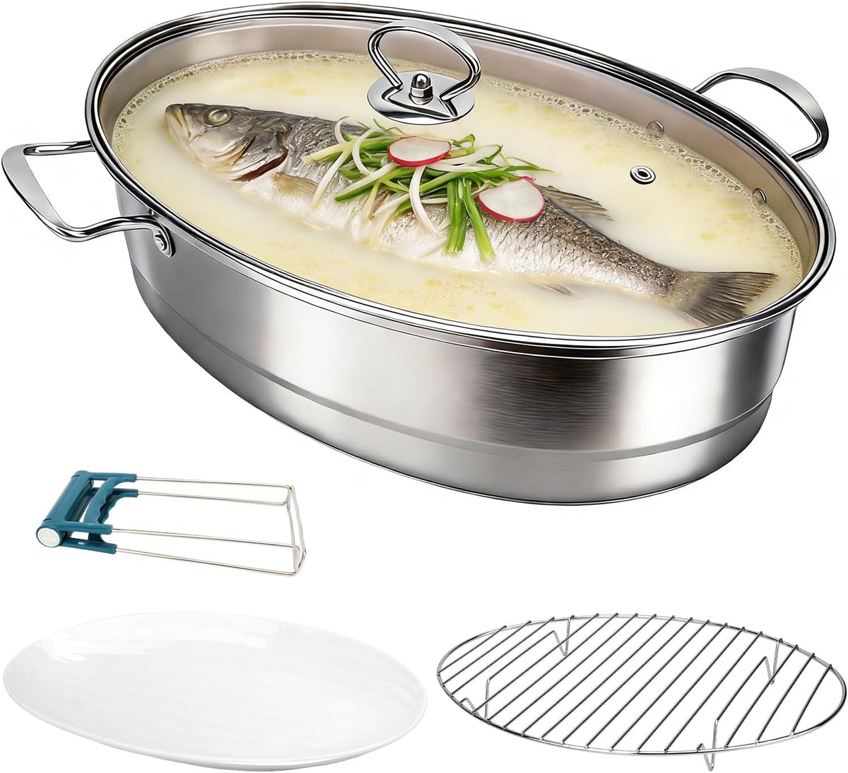 Stainless Steel Oval Fish Steamer Multi Purpose Cooking Pot with Rack