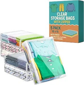 Sweater Storage Bags, Clear Zippered Vinyl Organizer, 18 x 15 x 4 IN, 5 PK