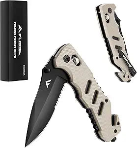 FLISSA Folding Pocket Knife with Clip, Glass Breaker and Seatbelt Cutter