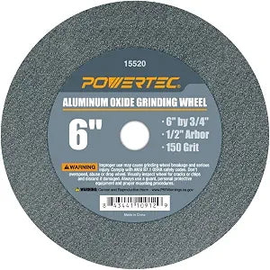 POWERTEC Bench Grinder Wheel 6 Inch 150 Grit, Aluminum Oxide Grinding Wheel for Bench Pedestal Grinder, 3/4" Thick 1/2" Arbor, Sharpening & Shaping Drill Bits, Blade, and Chisel 1PK (15520)