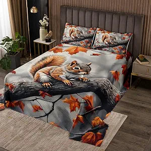 Homewish Cute Squirrel Bedding Set King Size,Maple Leaves Tree Bedspread 3Pcs for Kids Girls Boys Teens Room Decor,Wild Animals Plant Comforter Set Nature Rustic Fall Quilt Coverlet,2 Pillowcases