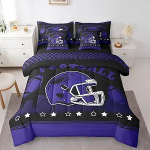 Erosebridal Football 7 Pcs Bedding Set Queen Size,Football City Comforter Set for Kids Boys Sports Ruby Bed in A Bag with Flat and Fitted Sheet,Ball Players Bed Set with Sheets Purple