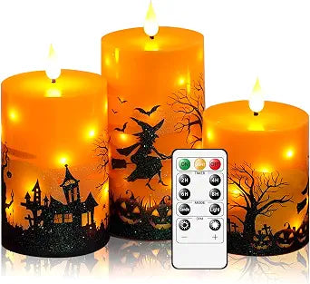 kakoya Flickering Flameless Candles with Remote,3 Pcs Real Wax LED Pillar Candles Battery Operate with Embedded Star String for Creation of Horror Atmosphere Halloween Decoration Gifts(Orange)