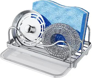 Consumest Sponge Holder for Kitchen Sink - Movable Sink Caddy for Countertop Organizer, 304 Stainless Steel Sponge Holder with Detachable Drip Tray for Kitchen Accessories-Silver