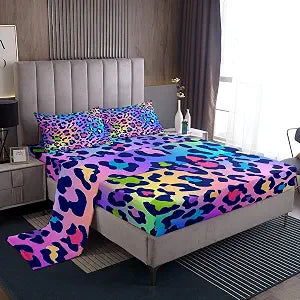 Leopard Print Fitted Sheet Africa Cheetah Print Bed Sheet Set Rainbow Leopard Design Bedding Set for Boys Girls Kids Men Women Room Decor Safari Animal Pattern Lightweight Bed Cover Full Size 4Pcs