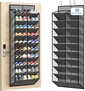 KEEPJOY 20-30 Pairs Grey Over the Door Shoe Organizer, Mesh Hanging Shoe Rack for Door Storage with 20 Wide Deep Pockets,10-Tier Door Shoe Holder Fits Sneakers, Boots.