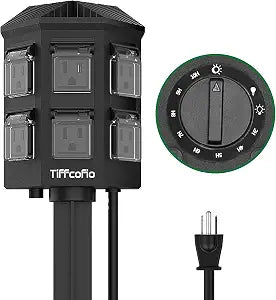 TiFFCOFiO Outdoor Power Strip Timer, Dusk to Dawn Light Sensor Countdown, 6 Feet Extension Cord Waterproof, 6 Grounded Outlets for Halloween and Christmas Decorations, ETL Listed (6 FT)