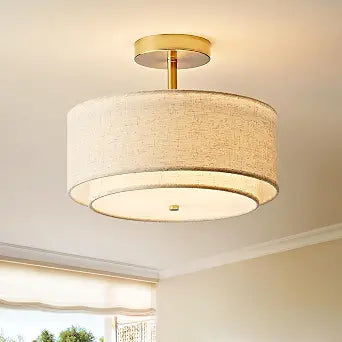Double Drum Semi Flush Mount Ceiling Light, 3-Light Fabric Linen Shade Design Farmhouse 12.6'' Gold Light Fixture for Living Room, Bedroom, Kitchen, Dining Room, Entryway, Hallway