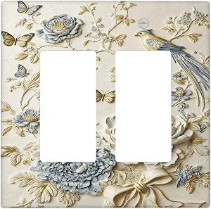 Decorative Outlet Covers Vintage Blue Gold Peony Floral Butterfly Bird 2 Gang Light Switch Cover Plate Double Rocker Wall Plates for Electrical Switch Plate Covers for Home Decor