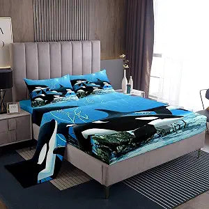 Erosebridal Killer Whale Bedding Sets Orcinus Orcas Fitted Sheet The Underwater World Jellyfish Bed Sheets for Kids Boys Girls Deep Sea Animals Marine Life Sheet Set 4 Pieces Child Room Decor Full