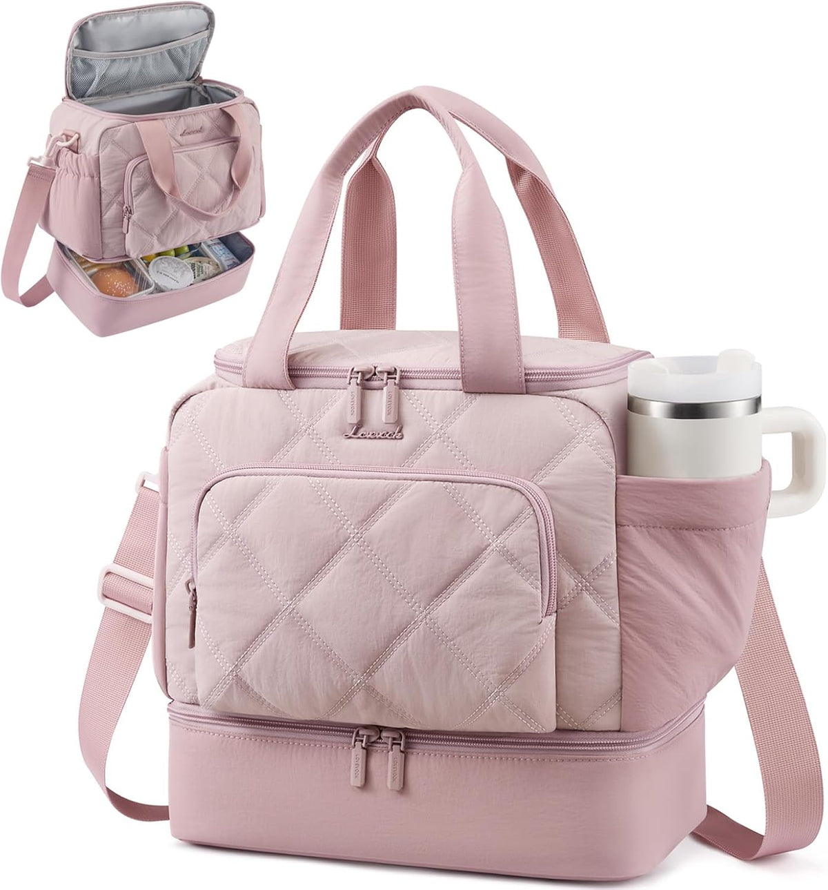 LOVEVOOK Insulated Lunch Bags for Women, Double Deck Pink Lunch Box