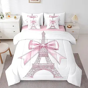 jejeloiu Pink Bow 7 Piece Bedding Set King Size for Kids Teens