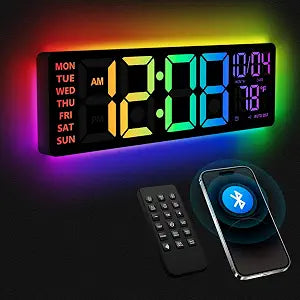YISILE 16 Inch RGB LED Digital Wall Clock - 8 Color Display, 6 Night Light Modes, Bluetooth Auto Time Sync, Sound Wake-Up, Dual Alarm, Auto DST, Remote Dimmer for Bedroom, Living Room & Gaming Room