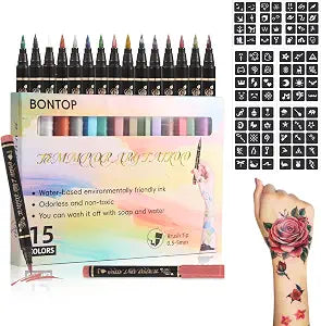 Temporary Tattoo Markers for Skin 15 Body Marker+ 82 Tattoo Stencils,Skin-Safe & Cosmetic Quality,Birthday Gift Ideas