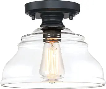 MEXO Industrial Semi Flush Mount Ceiling Light, Modern Clear Glass Light Fixture Farmhouse 10" Close to Ceiling Lights in Black Finish for Hallway Bedroom, Kitchen Entryway Cafe Bar Porch