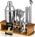 KITESSENSU Cocktail Shaker Set Bartender Kit with Stand | Bar Set Drink Mixer Set with All Essential Accessory Tools: Martini Shaker, Jigger, Strainer, Mixer Spoon, Muddler, Liquor Pourers |Silver