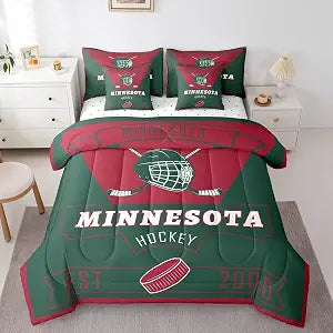 Feelyou Ice Hockey Twin Comforter Set with Sheets for Kids Boys Girls Minnesota 7 Pieces Bedding Set Ice Hockey City Team Bed in a Bag Winter Sports Room Decor Soft Lightweight Microfiber