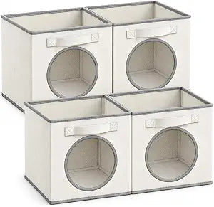 Fabric Storage Cubes with Mesh Window, 11'' Cube Storage Bin, Ivory, 4 Pack