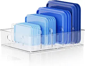 LYNG Lid Organizers Inside Cabinet, Clear Plastic Storage Lid Organizer With 4 Adjustable Dividers, Food Container Lid Organizer For Kitchen Pantry
