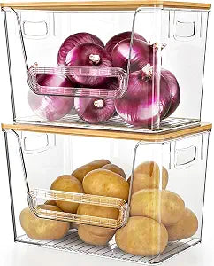 Delamu 2 Set Pantry Organizers and Storage, Trash Bag Holder Under Sink Organizer for 4-13 Gal Bags, Trash Bag Dispenser with Bamboo Top for Onion, Potato, Garlic, Clear (11-7/32"L*7" W*7-1/8"H)